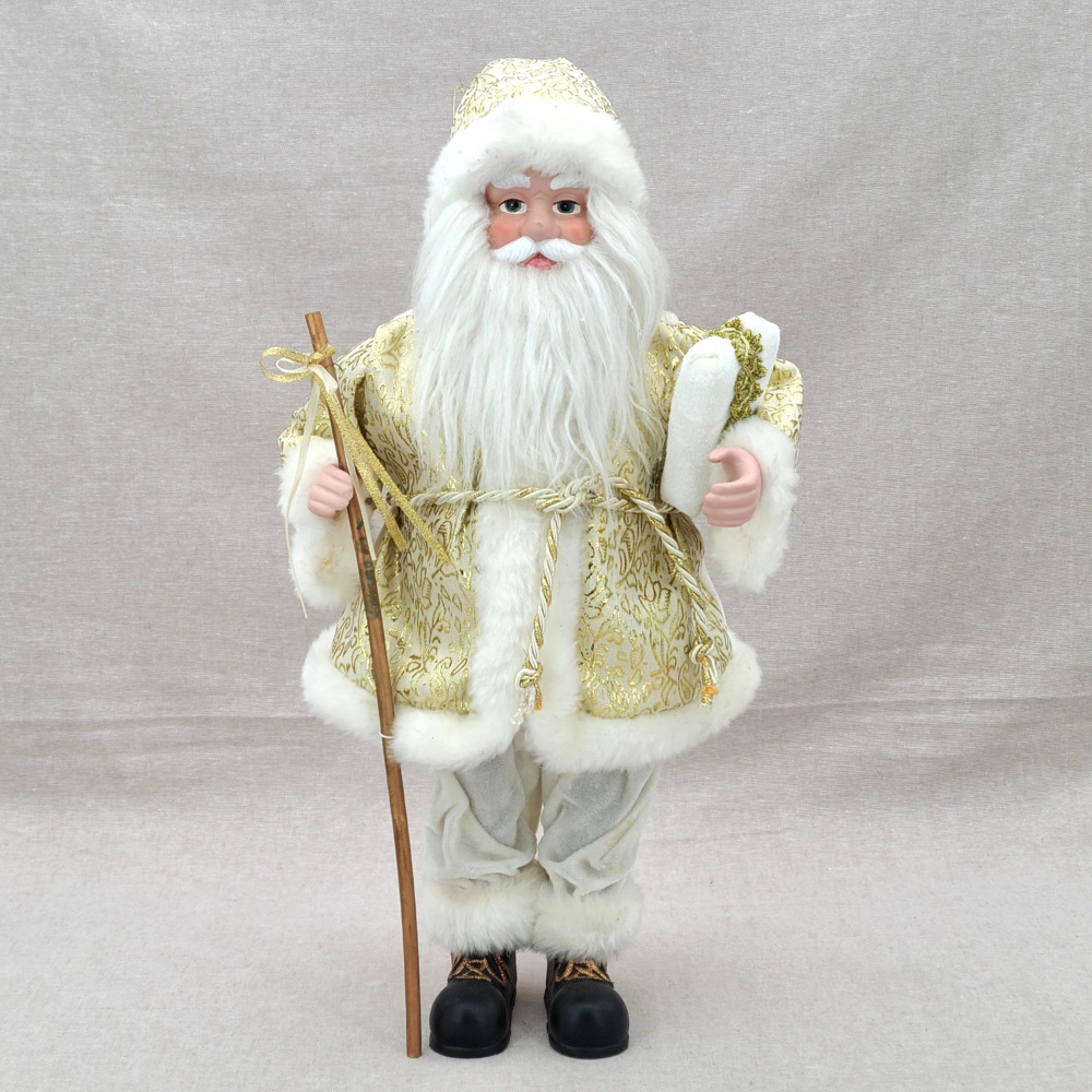 Vintage Santa Claus Figurine - White Gold With Staff, Faux Fur Trim - 18" Decor